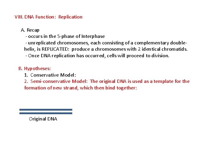 VIII. DNA Function: Replication A. Recap - occurs in the S-phase of Interphase -