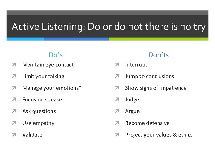 Active Listening: Do or do not there is no try Do’s Don’ts Maintain eye