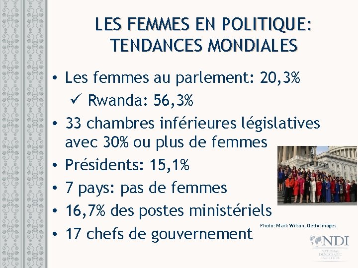 LES FEMMES EN POLITIQUE: TENDANCES MONDIALES • Les femmes au parlement: 20, 3% ü