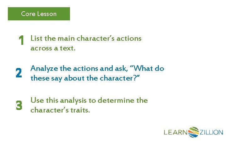 Core Lesson 1 List the main character’s actions across a text. 2 Analyze the