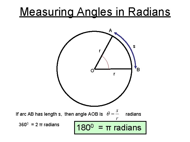 Measuring Angles in Radians A s r O If arc AB has length s,