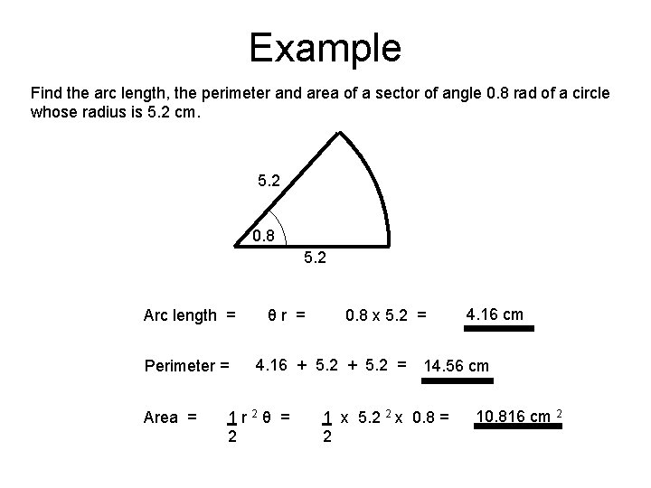 Example Find the arc length, the perimeter and area of a sector of angle