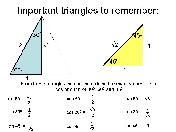 Important triangles to remember: 300 450 √ 2 √ 3 2 1 450 1