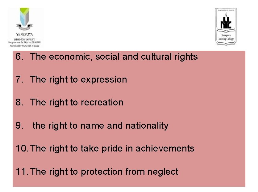 6. The economic, social and cultural rights 7. The right to expression 8. The