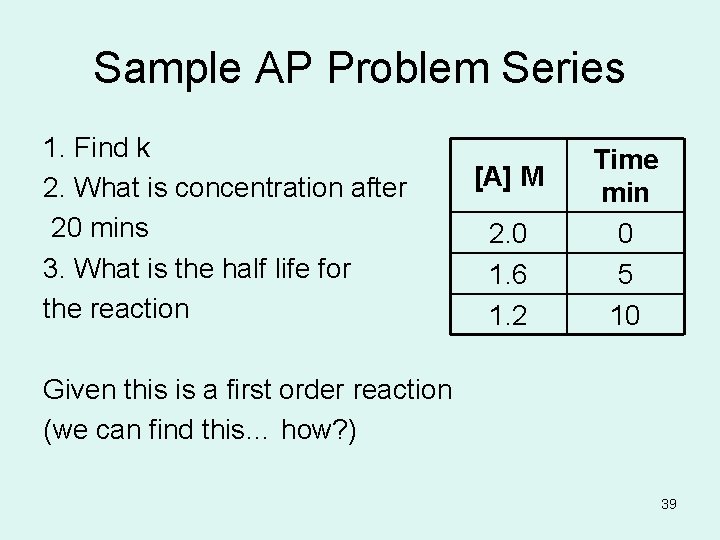 Sample AP Problem Series 1. Find k 2. What is concentration after 20 mins