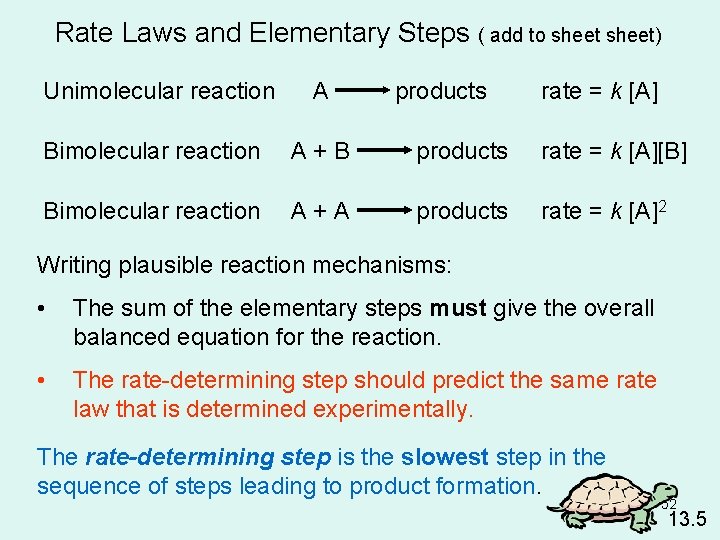 Rate Laws and Elementary Steps ( add to sheet) Unimolecular reaction A products rate Rate Laws and Elementary Steps ( add to sheet) Unimolecular reaction A products rate