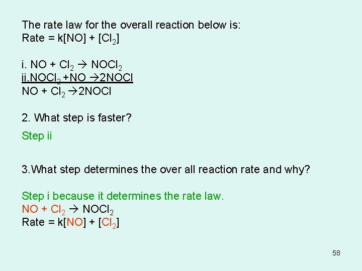 The rate law for the overall reaction below is: Rate = k[NO] + [Cl