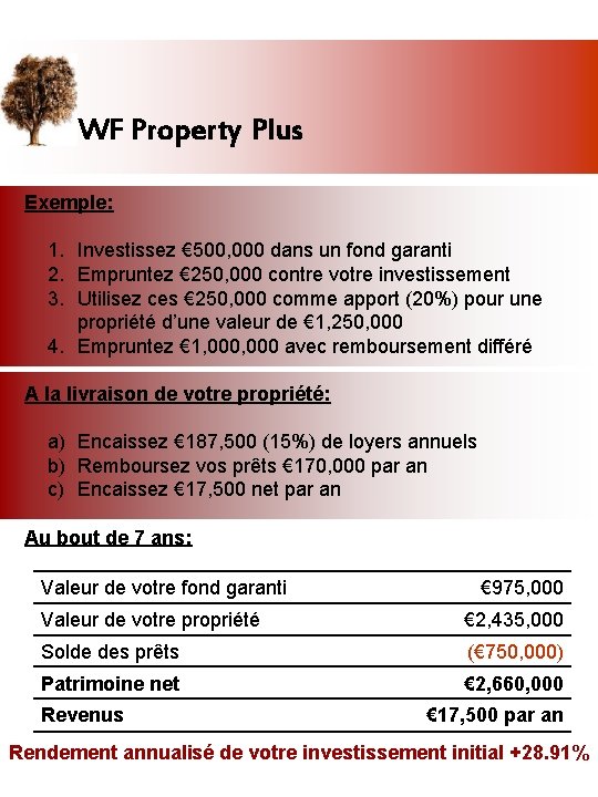 WF Property Plus Exemple: 1. Investissez € 500, 000 dans un fond garanti 2.