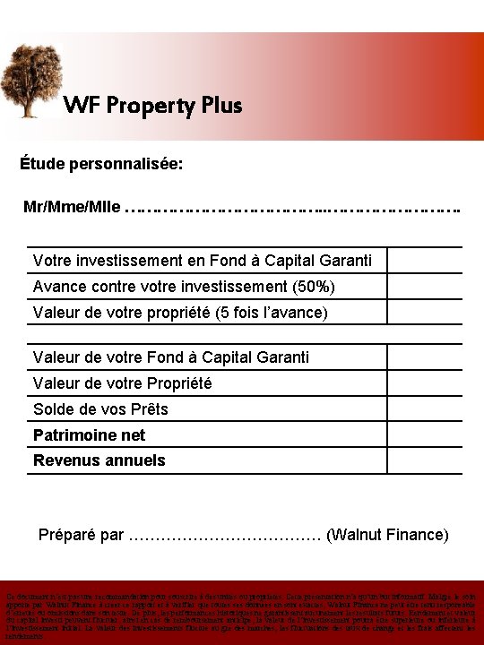 WF Property Plus Étude personnalisée: Mr/Mme/Mlle ………………. Votre investissement en Fond à Capital Garanti