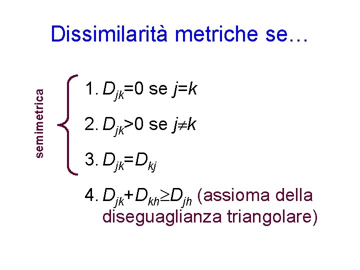 semimetrica Dissimilarità metriche se… 1. Djk=0 se j=k 2. Djk>0 se j k 3.