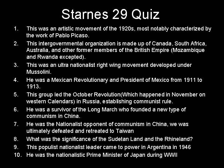 Starnes 29 Quiz 1. This was an artistic movement of the 1920 s, most Starnes 29 Quiz 1. This was an artistic movement of the 1920 s, most