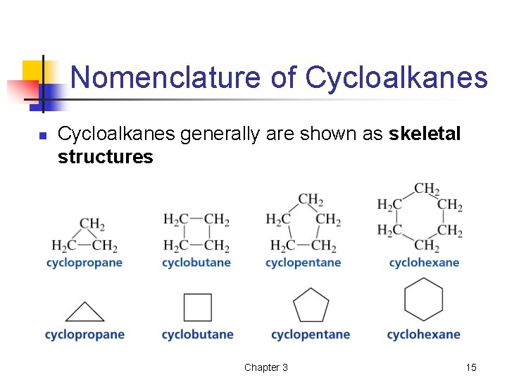 Nomenclature of Cycloalkanes n Cycloalkanes generally are shown as skeletal structures Chapter 3 15