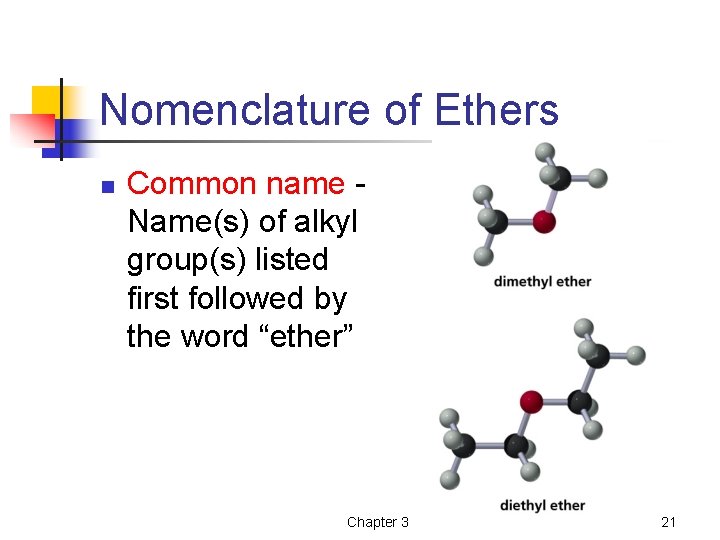 Nomenclature of Ethers n Common name Name(s) of alkyl group(s) listed first followed by