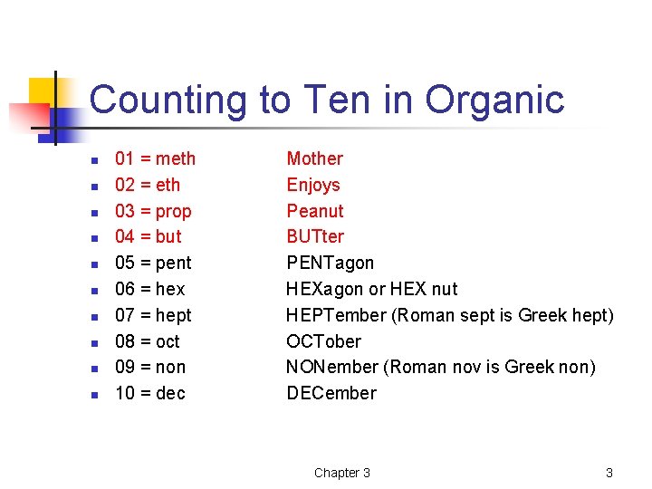 Counting to Ten in Organic n n n n n 01 = meth 02