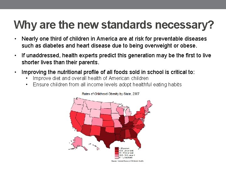 Why are the new standards necessary? • Nearly one third of children in America