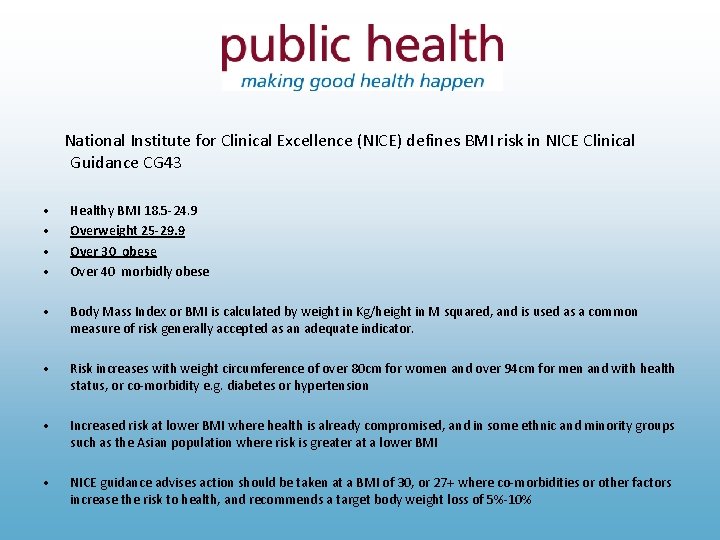 National Institute for Clinical Excellence (NICE) defines BMI risk in NICE Clinical Guidance CG