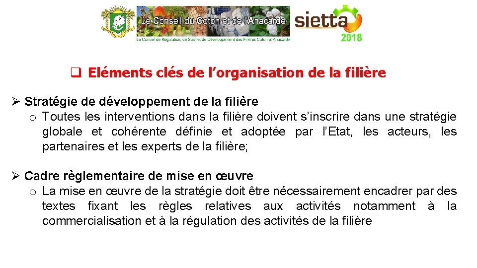 q Eléments clés de l’organisation de la filière Ø Stratégie de développement de la