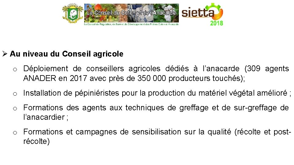 Ø Au niveau du Conseil agricole o Déploiement de conseillers agricoles dédiés à l’anacarde