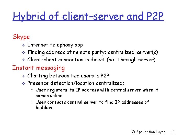 Hybrid of client-server and P 2 P Skype v v v Internet telephony app