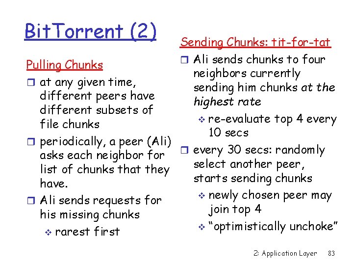 Bit. Torrent (2) Sending Chunks: tit-for-tat r Ali sends chunks to four Pulling Chunks