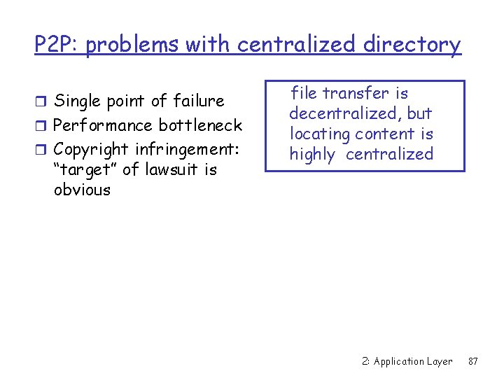 P 2 P: problems with centralized directory r Single point of failure r Performance
