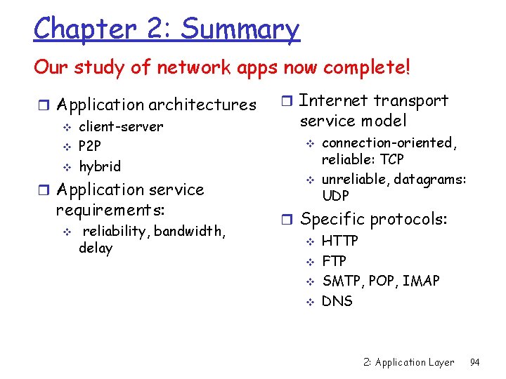 Chapter 2: Summary Our study of network apps now complete! r Application architectures v