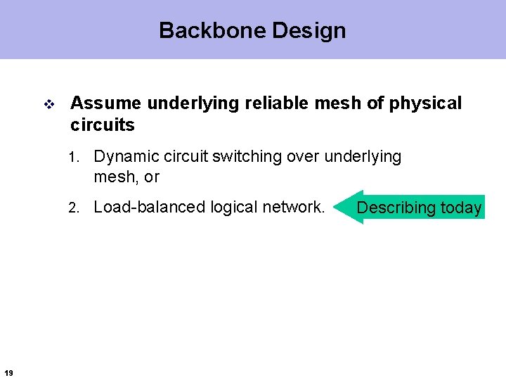 Backbone Design v 19 Assume underlying reliable mesh of physical circuits 1. Dynamic circuit