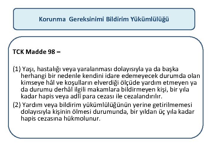 Korunma Gereksinimi Bildirim Yükümlülüğü TCK Madde 98 – (1) Yaşı, hastalığı veya yaralanması dolayısıyla