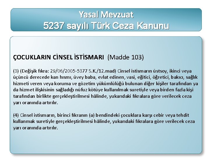 Yasal Mevzuat 5237 sayılı Türk Ceza Kanunu ÇOCUKLARIN CİNSEL İSTİSMARI (Madde 103) (Değişik fıkra: