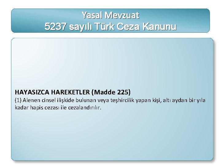 Yasal Mevzuat 5237 sayılı Türk Ceza Kanunu HAYASIZCA HAREKETLER (Madde 225) (1) Alenen cinsel