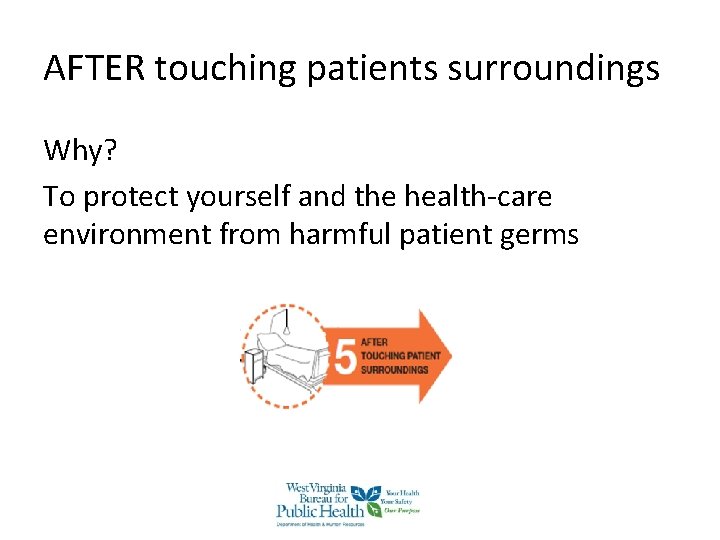 AFTER touching patients surroundings Why? To protect yourself and the health-care environment from harmful AFTER touching patients surroundings Why? To protect yourself and the health-care environment from harmful