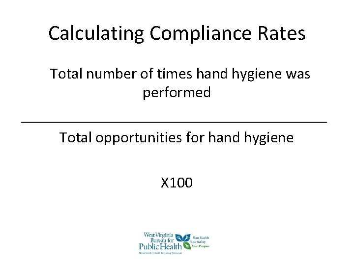 Calculating Compliance Rates Total number of times hand hygiene was performed ____________________ Total opportunities Calculating Compliance Rates Total number of times hand hygiene was performed ____________________ Total opportunities