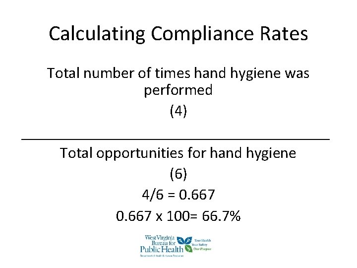 Calculating Compliance Rates Total number of times hand hygiene was performed (4) ____________________ Total Calculating Compliance Rates Total number of times hand hygiene was performed (4) ____________________ Total