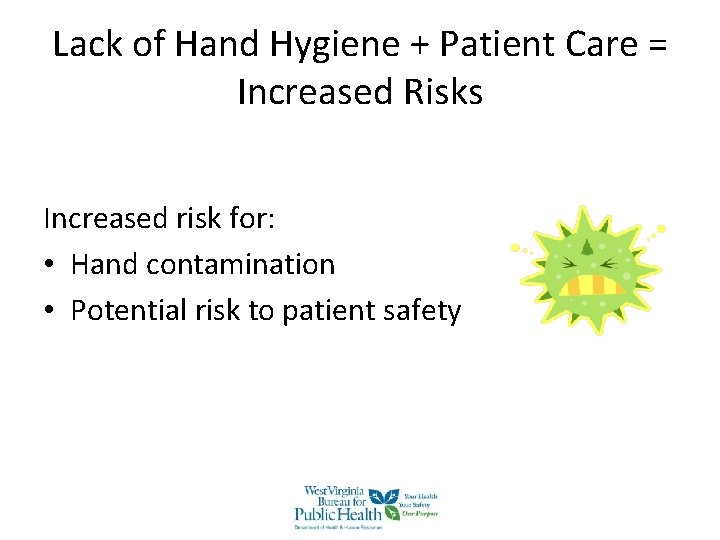 Lack of Hand Hygiene + Patient Care = Increased Risks Increased risk for: • Lack of Hand Hygiene + Patient Care = Increased Risks Increased risk for: •