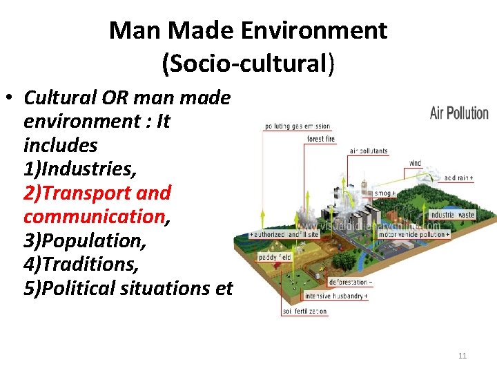 Man Made Environment (Socio-cultural) • Cultural OR man made environment : It includes 1)Industries,