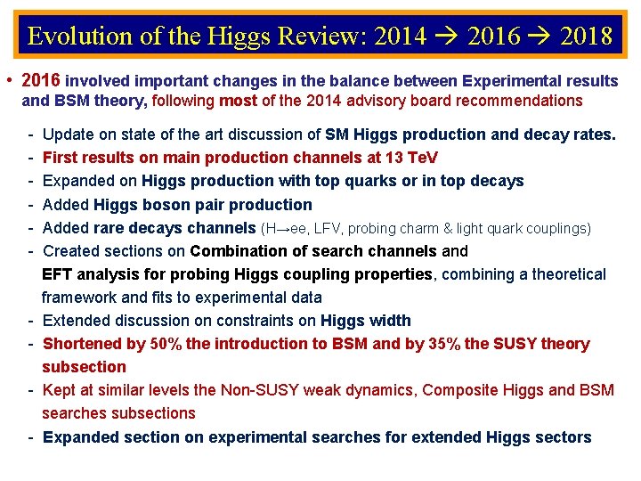 Evolution of the Higgs Review: 2014 2016 2018 • 2016 involved important changes in