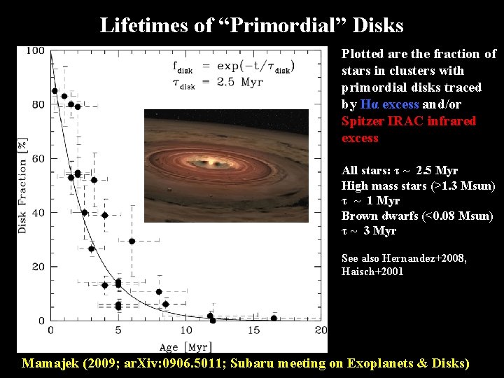 Lifetimes of “Primordial” Disks Plotted are the fraction of stars in clusters with primordial