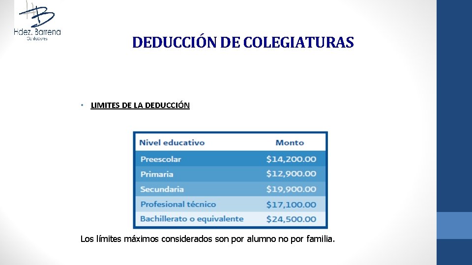 DEDUCCIÓN DE COLEGIATURAS • LIMITES DE LA DEDUCCIÓN Los límites máximos considerados son por