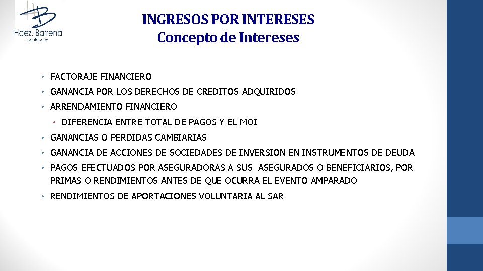 INGRESOS POR INTERESES Concepto de Intereses • FACTORAJE FINANCIERO • GANANCIA POR LOS DERECHOS