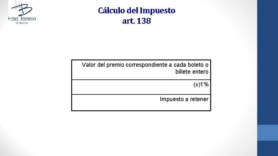 Cálculo del Impuesto art. 138 Valor del premio correspondiente a cada boleto o billete Cálculo del Impuesto art. 138 Valor del premio correspondiente a cada boleto o billete