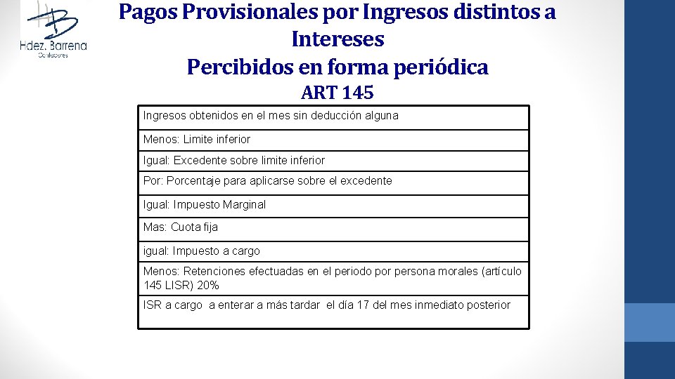 Pagos Provisionales por Ingresos distintos a Intereses Percibidos en forma periódica ART 145 Ingresos