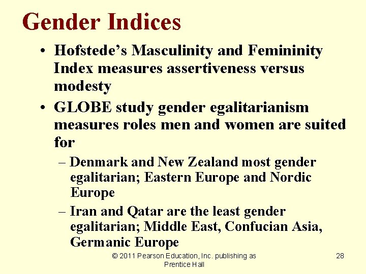 Gender Indices • Hofstede’s Masculinity and Femininity Index measures assertiveness versus modesty • GLOBE