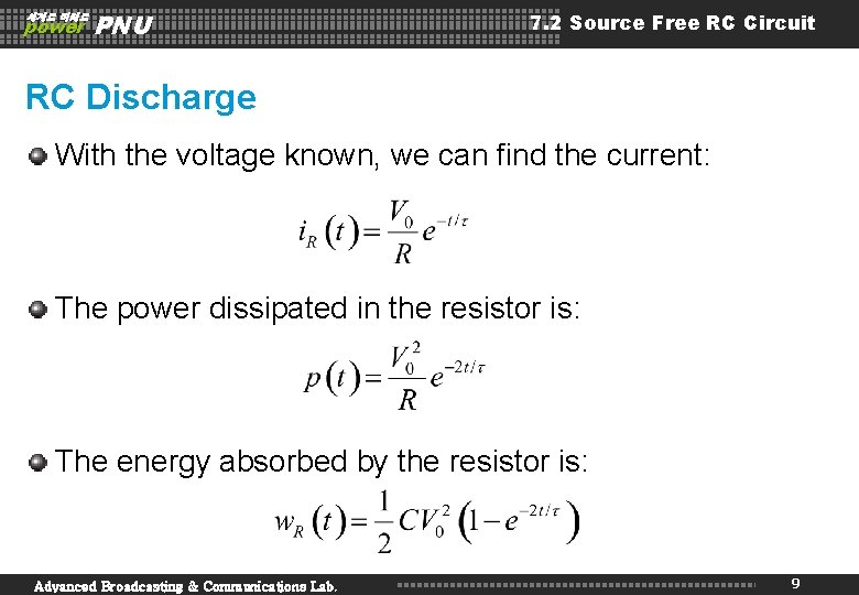 세계로 미래로 power PNU 7. 2 Source Free RC Circuit RC Discharge With the