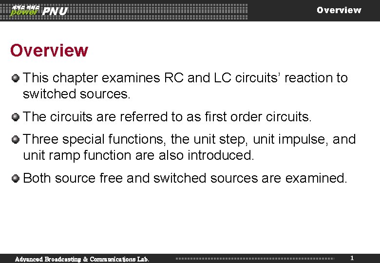세계로 미래로 power PNU Overview This chapter examines RC and LC circuits’ reaction to