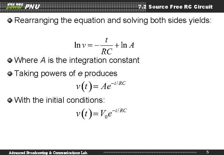 세계로 미래로 power PNU 7. 2 Source Free RC Circuit Rearranging the equation and
