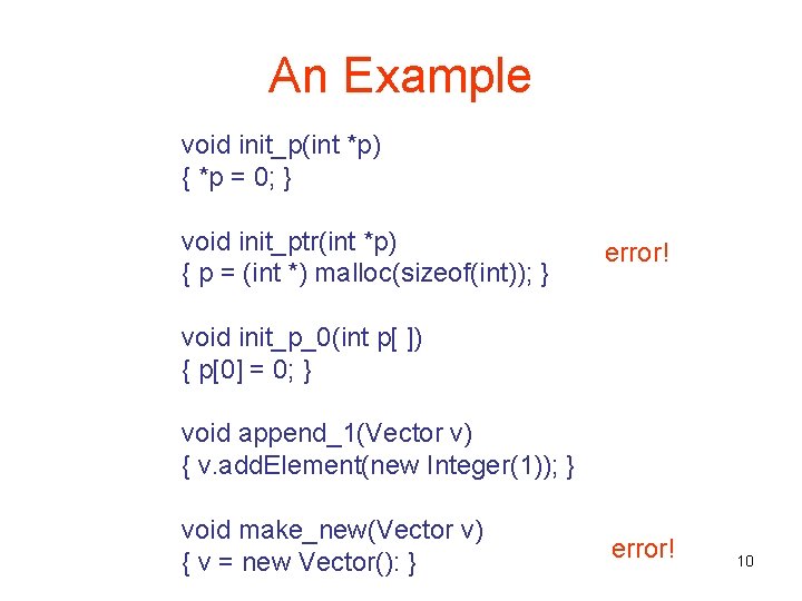 An Example void init_p(int *p) { *p = 0; } void init_ptr(int *p) {