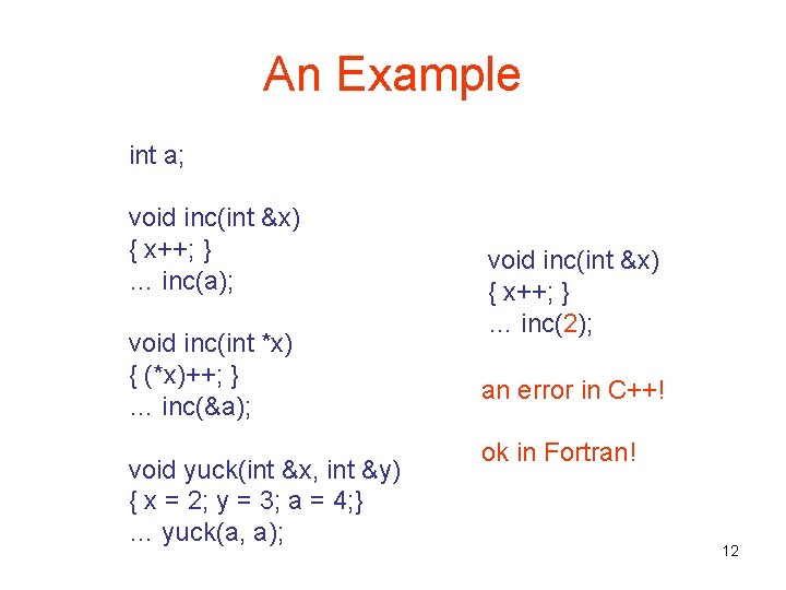 An Example int a; void inc(int &x) { x++; } … inc(a); void inc(int