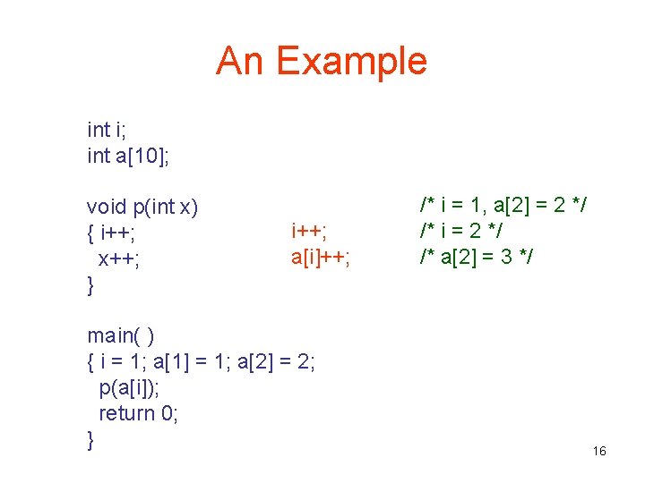 An Example int i; int a[10]; void p(int x) { i++; x++; } i++;