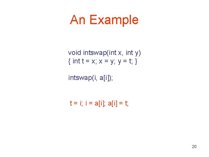 An Example void intswap(int x, int y) { int t = x; x =