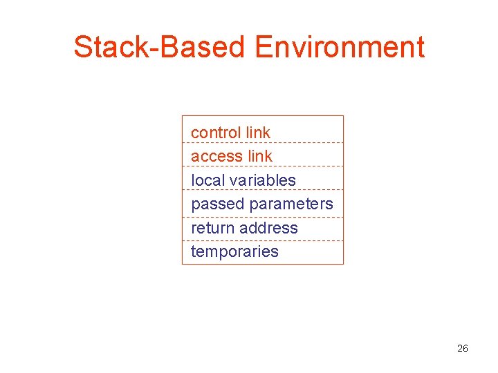 Stack-Based Environment control link access link local variables passed parameters return address temporaries 26